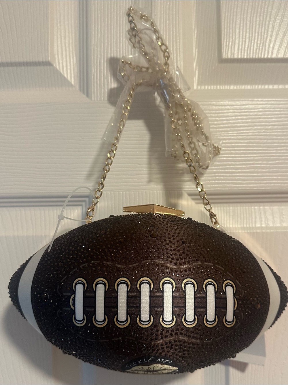 Betsey Johnson Football Shaped Evening Clutch in Dark Brown with Gold Chain new